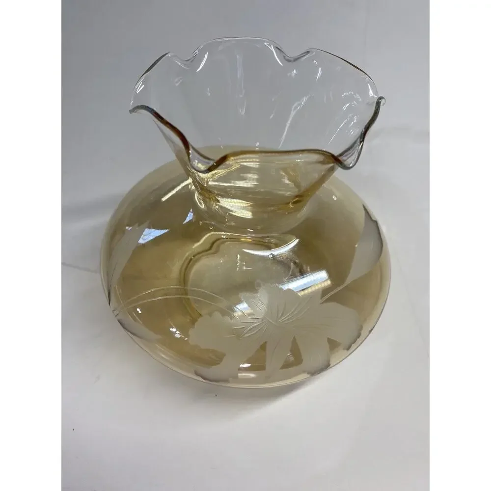 Light Amber Etched Glass Console Vase Ruffled Rim Lilies Yellow 4.75 inch